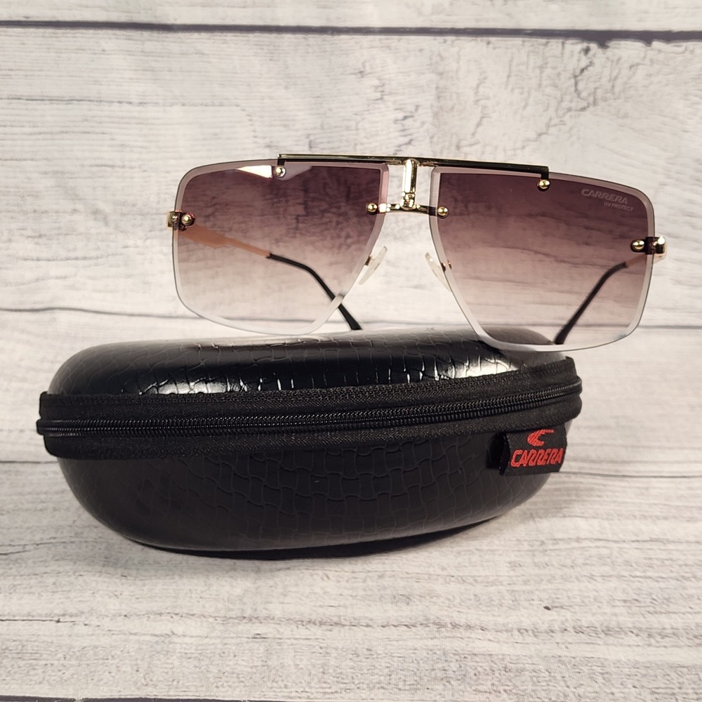 Carrera Shield Sunglasses Gold Frame Brown Gradient Lens Oversized Rimless Case